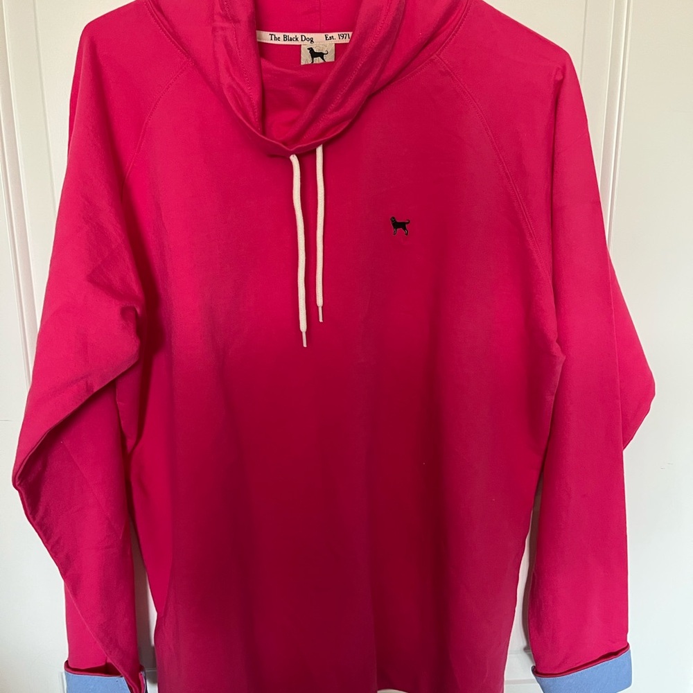 The Black Dog Bright Pink Cowl Neck Tunic with blue cuffs NWOT